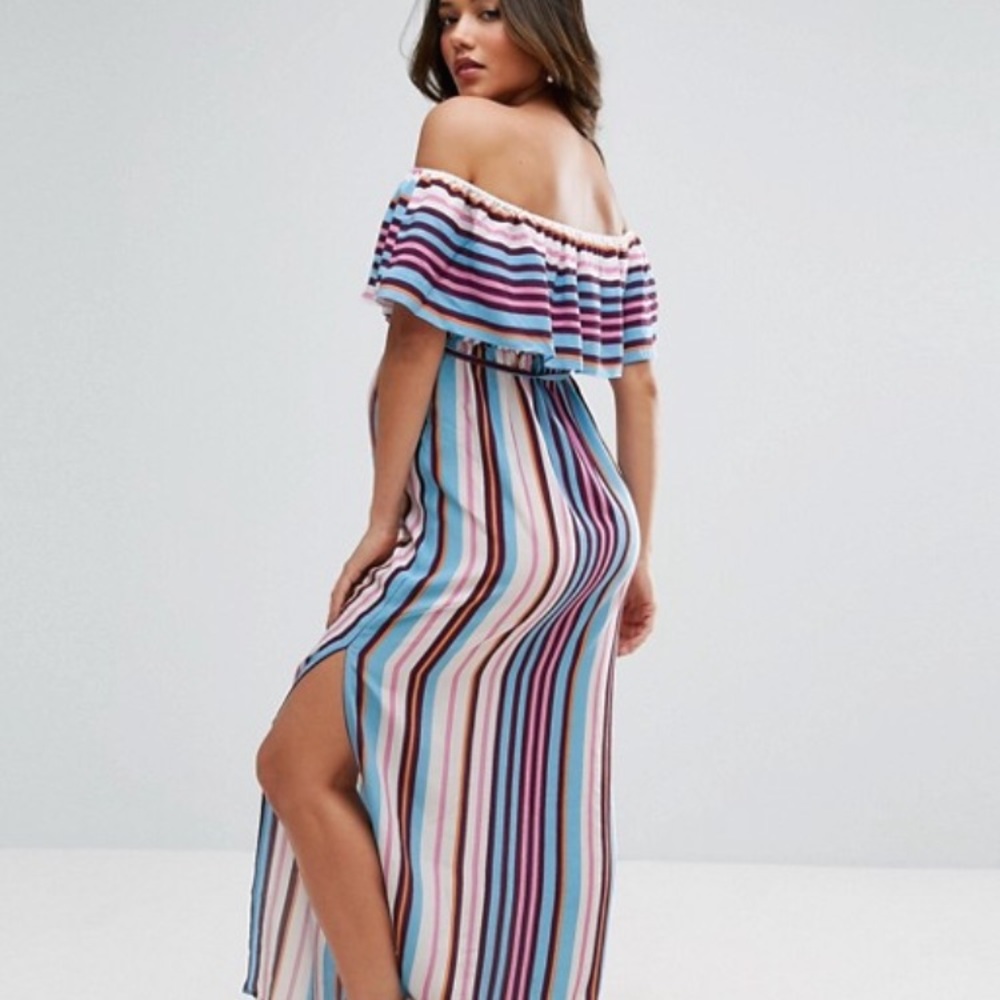 ASOS long stripe off the shoulder dress